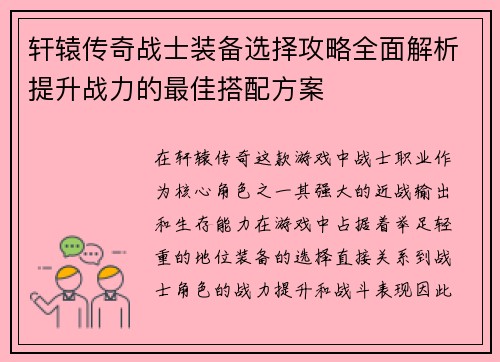 轩辕传奇战士装备选择攻略全面解析提升战力的最佳搭配方案